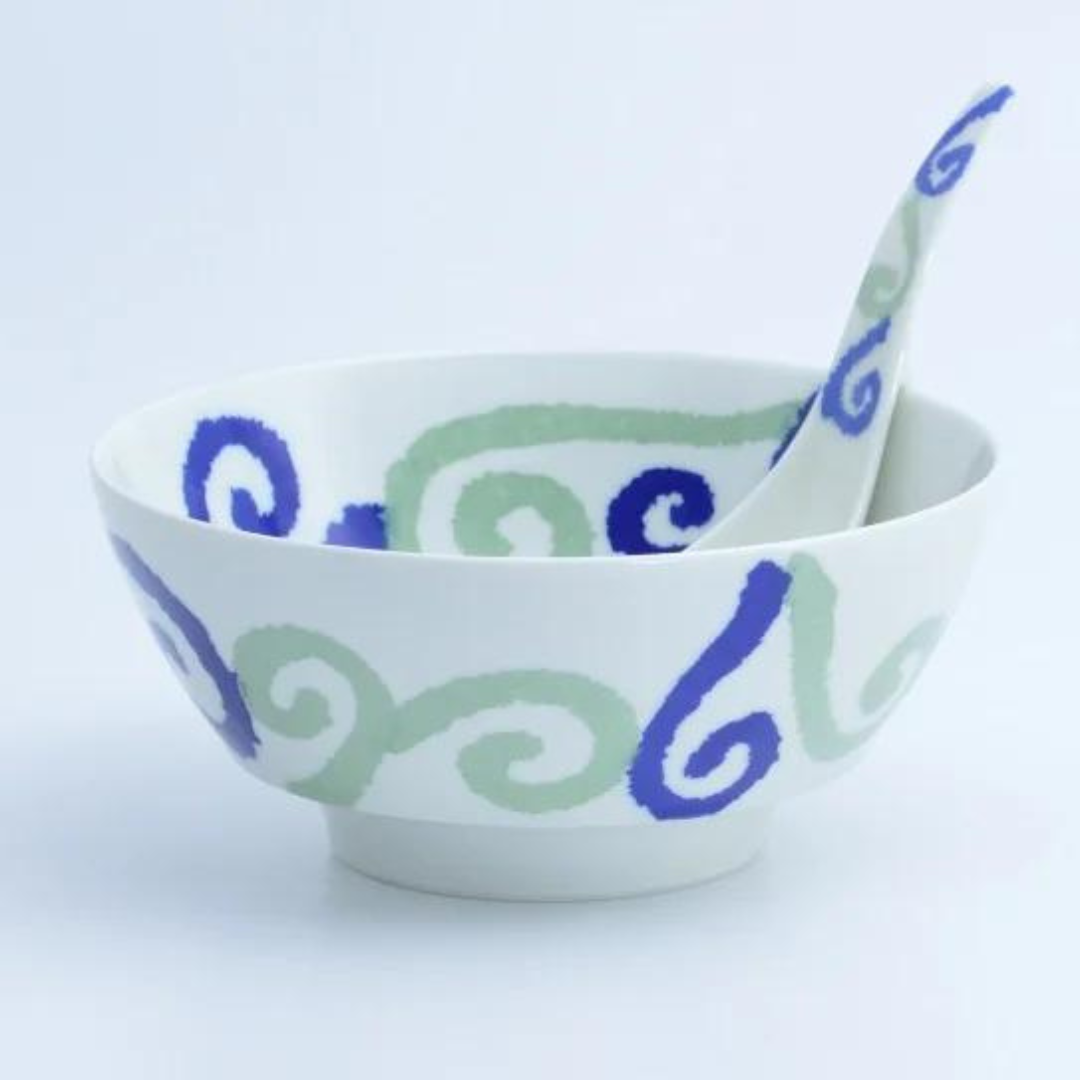 Bol et Cuillère à Ramen « Ultime » Arita Herbe – Ensemble japonais en porcelaine Arita-yaki