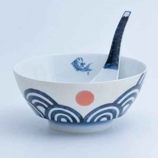 Bol et Cuillère à Ramen « Ultime » Arita Soleil levant – Ensemble japonais en porcelaine Arita-yaki