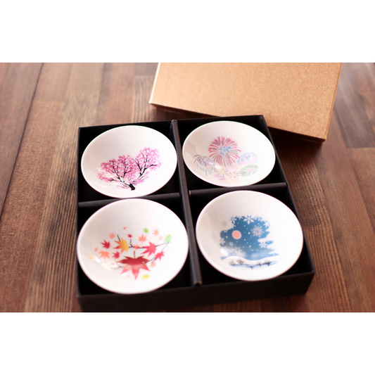 Ensemble de 4 Tasses à Saké Thermosensibles Mino-yaki – Les Quatre Saisons du Japon