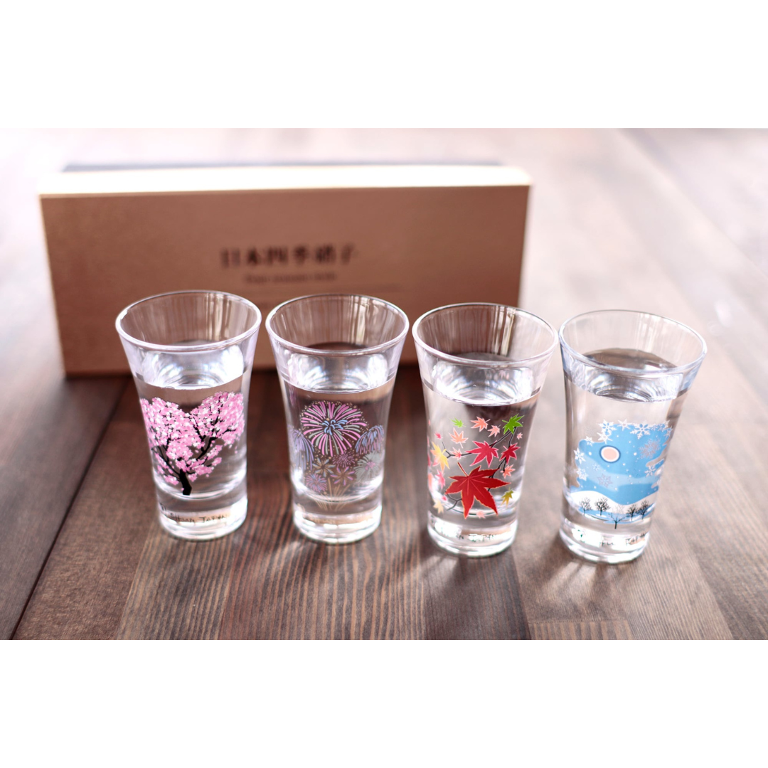 Ensemble de 4 Verres à Saké Thermosensibles Mino-yaki – Les Quatre Saisons du Japon