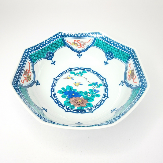 Plat Kutani-yaki Trésors et Oiseaux – Assiette creuse japonaise en porcelaine