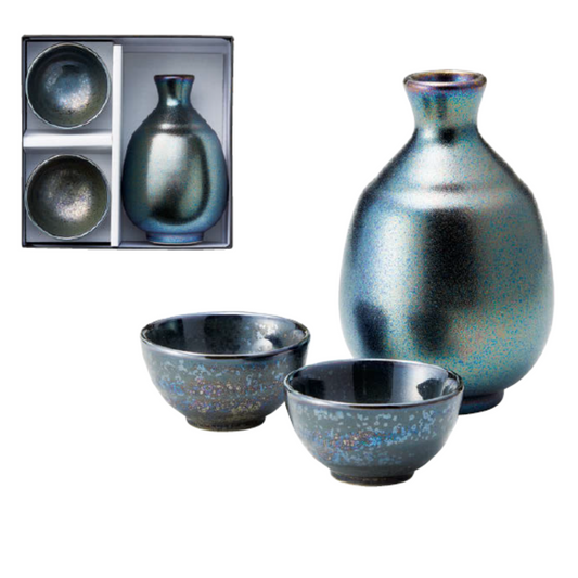 Service à Saké Mino-yaki Lustré – Carafe et 2 Tasses à Saké Japonaises en Porcelaine