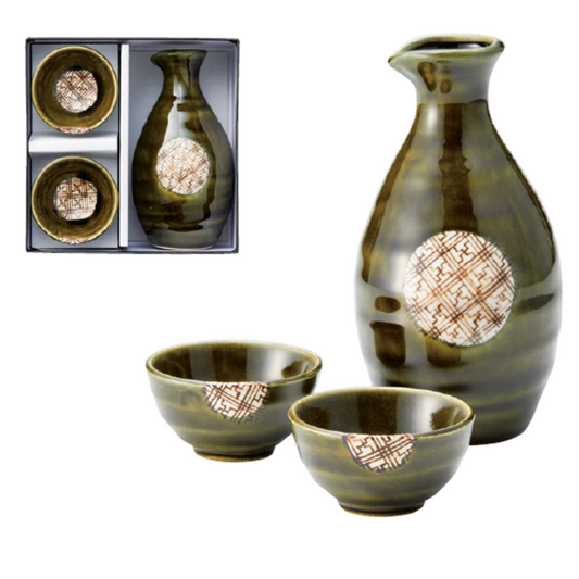 Service à Saké Mino-yaki Oribé – Carafe et 2 Tasses à Saké Japonaises en Porcelaine