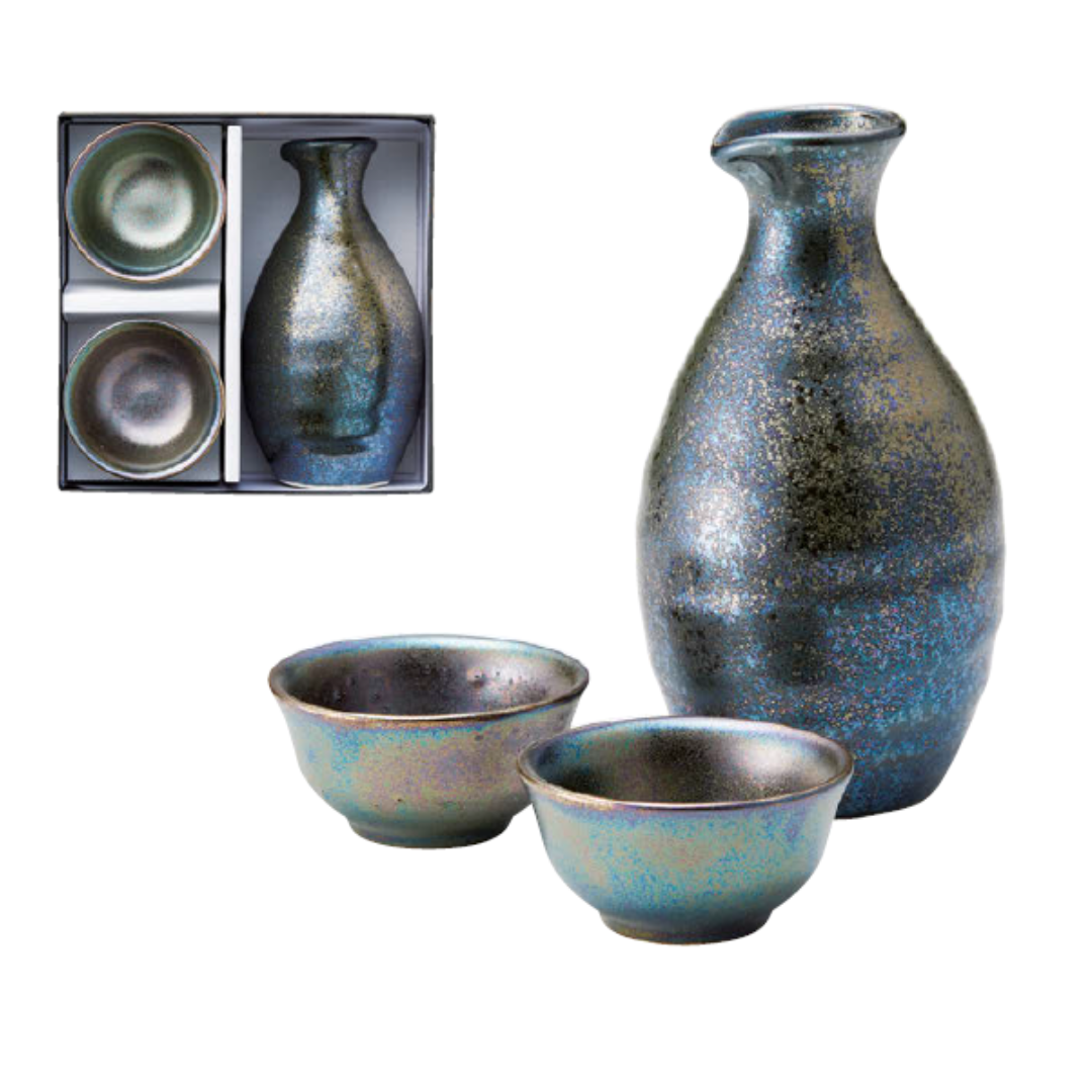 Service à Saké Mino-yaki Zigan – Carafe et 2 Tasses à Saké Japonaises en Porcelaine